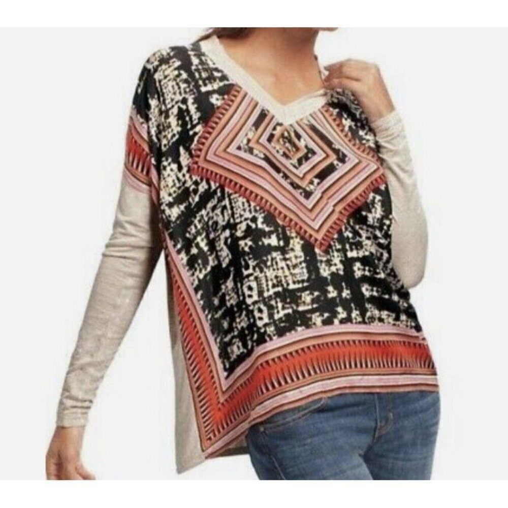 Cabi Tribal Tee Aztec Silk Panel Cream V-neck Tee Size XS Boho Scarf #768